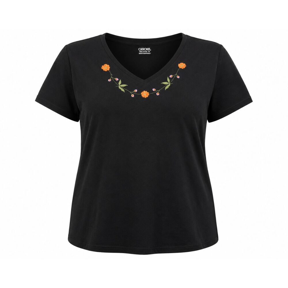 Cherokee Black Floral Embroidered V-Neck T-Shirt Women's XXL
